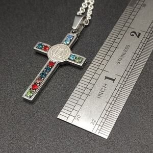 925 Silver Necklace W/ Jesus Cross Multicolor Gemstones NEW